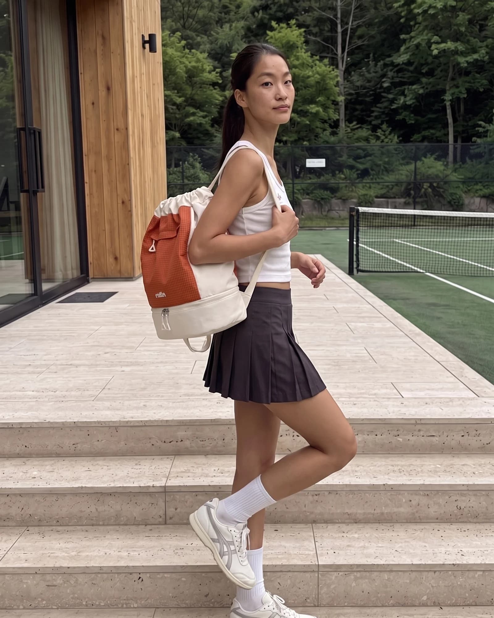 코트 백팩 크림 오렌지 착용 8